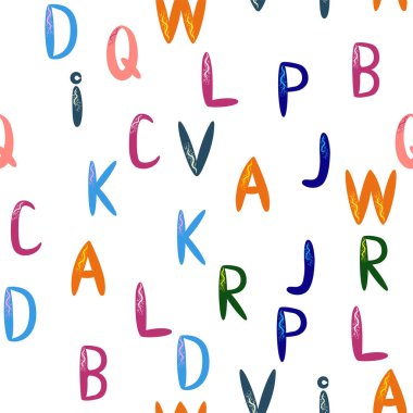 ABC basit çizgi film tarzında kusursuz desen. Sevimli alfabe izi - el çizimi çocuksu, pürüzsüz desen tasarımı. Dijital kağıt.