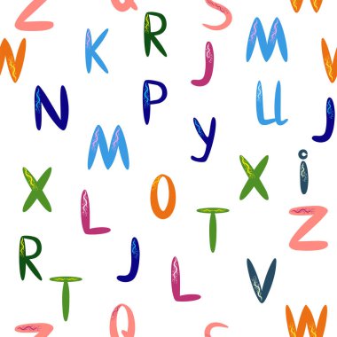 ABC basit çizgi film tarzında kusursuz desen. Sevimli alfabe izi - el çizimi çocuksu, pürüzsüz desen tasarımı. Dijital kağıt.