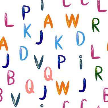 ABC basit çizgi film tarzında kusursuz desen. Sevimli alfabe izi - el çizimi çocuksu, pürüzsüz desen tasarımı. Dijital kağıt.