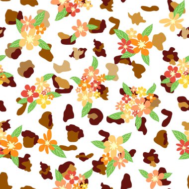 Çiçekli ve yapraklı leopar deseni. Leopar desenli tekstil kumaş tasarımı. Moda için uygun.