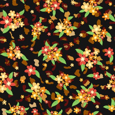 Çiçekli ve yapraklı leopar deseni. Leopar desenli tekstil kumaş tasarımı. Moda için uygun.