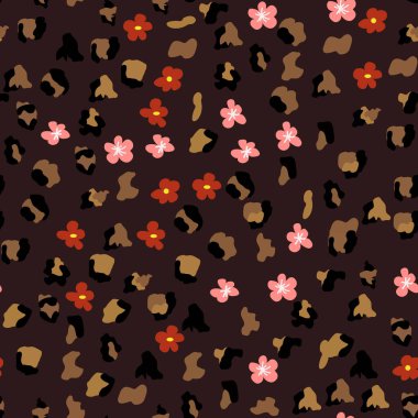 Çiçekli ve yapraklı leopar deseni. Leopar desenli tekstil kumaş tasarımı. Moda için uygun.