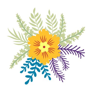 Vahşi ve bahçe çiçekleri, yapraklar. Modern vektör botanik çizimler, el çizimi çiçek tasarımı elementleri.