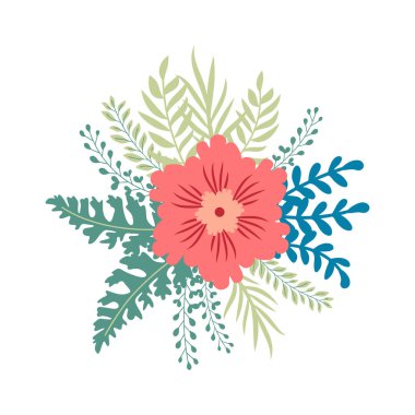 Vahşi ve bahçe çiçekleri, yapraklar. Modern vektör botanik çizimler, el çizimi çiçek tasarımı elementleri.