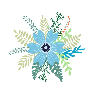 Vahşi ve bahçe çiçekleri, yapraklar. Modern vektör botanik çizimler, el çizimi çiçek tasarımı elementleri.