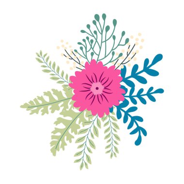 Vahşi ve bahçe çiçekleri, yapraklar. Modern vektör botanik çizimler, el çizimi çiçek tasarımı elementleri.