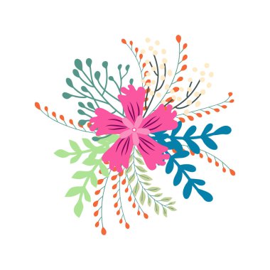 Vahşi ve bahçe çiçekleri, yapraklar. Modern vektör botanik çizimler, el çizimi çiçek tasarımı elementleri.