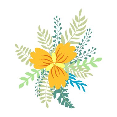 Vahşi ve bahçe çiçekleri, yapraklar. Modern vektör botanik çizimler, el çizimi çiçek tasarımı elementleri.