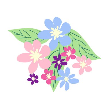 Vahşi ve bahçe çiçekleri, yapraklar. Modern vektör botanik çizimler, el çizimi çiçek tasarımı elementleri.