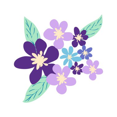 Vahşi ve bahçe çiçekleri, yapraklar. Modern vektör botanik çizimler, el çizimi çiçek tasarımı elementleri.