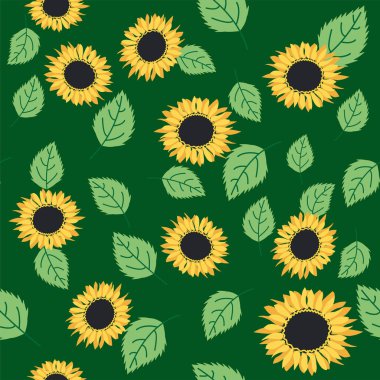 Ayçiçeği, yeşil yapraklar ve siyah tohumlarla kusursuz desen..