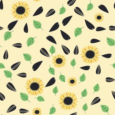 Ayçiçeği, yeşil yapraklar ve siyah tohumlarla kusursuz desen..