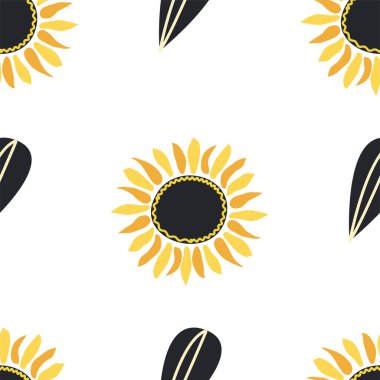 Ayçiçeği, yeşil yapraklar ve siyah tohumlarla kusursuz desen..