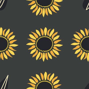 Ayçiçeği, yeşil yapraklar ve siyah tohumlarla kusursuz desen..