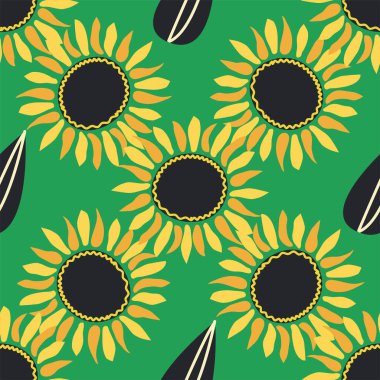 Ayçiçeği, yeşil yapraklar ve siyah tohumlarla kusursuz desen..