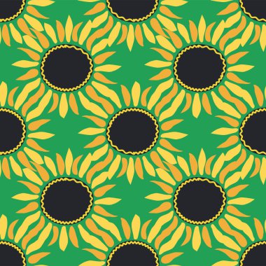 Ayçiçeği, yeşil yapraklar ve siyah tohumlarla kusursuz desen..