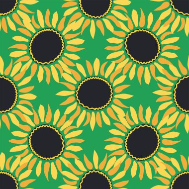 Ayçiçeği, yeşil yapraklar ve siyah tohumlarla kusursuz desen..