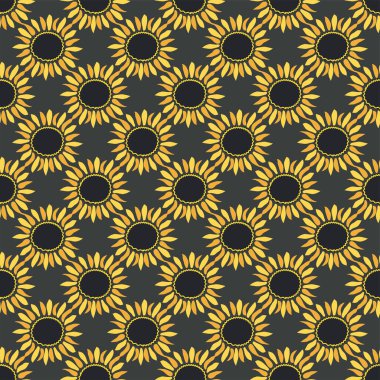 Ayçiçeği, yeşil yapraklar ve siyah tohumlarla kusursuz desen..