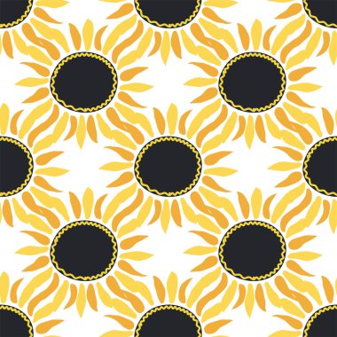 Ayçiçeği, yeşil yapraklar ve siyah tohumlarla kusursuz desen..