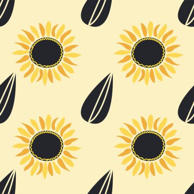 Ayçiçeği, yeşil yapraklar ve siyah tohumlarla kusursuz desen..