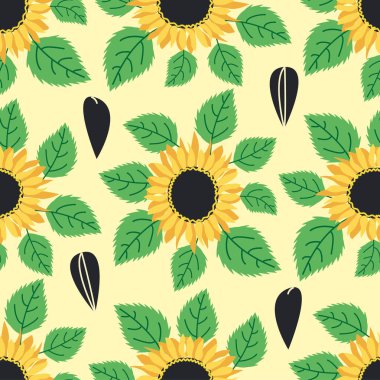 Ayçiçeği, yeşil yapraklar ve siyah tohumlarla kusursuz desen..