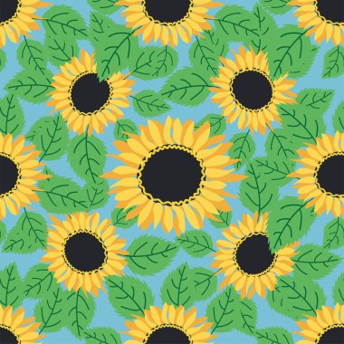 Ayçiçeği, yeşil yapraklar ve siyah tohumlarla kusursuz desen..