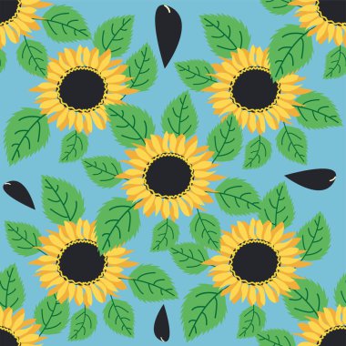 Ayçiçeği, yeşil yapraklar ve siyah tohumlarla kusursuz desen..