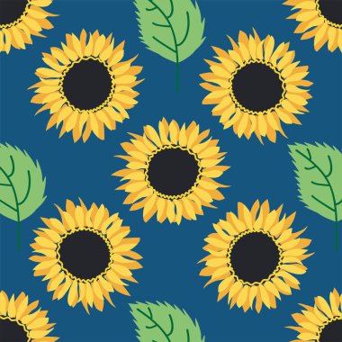 Ayçiçeği, yeşil yapraklar ve siyah tohumlarla kusursuz desen..