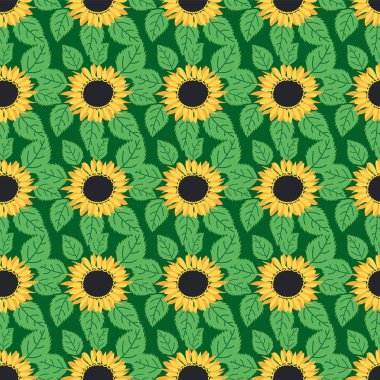 Ayçiçeği, yeşil yapraklar ve siyah tohumlarla kusursuz desen..