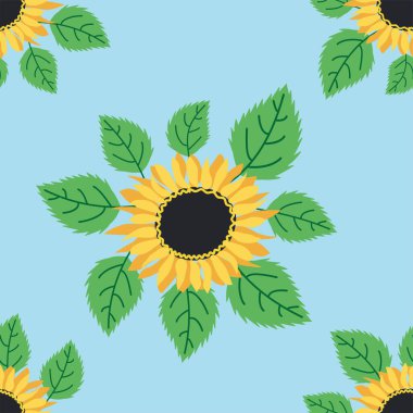 Ayçiçeği, yeşil yapraklar ve siyah tohumlarla kusursuz desen..