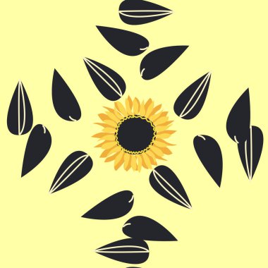 Ayçiçeği, yeşil yapraklar ve siyah tohumlarla kusursuz desen..