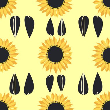 Ayçiçeği, yeşil yapraklar ve siyah tohumlarla kusursuz desen..