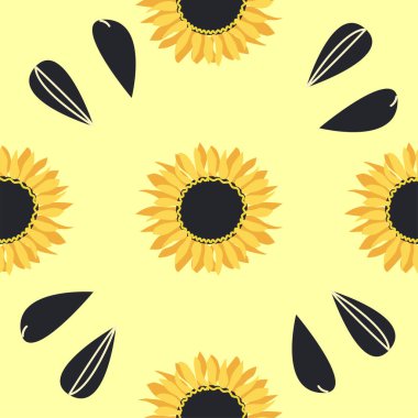 Ayçiçeği, yeşil yapraklar ve siyah tohumlarla kusursuz desen..