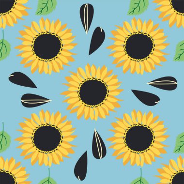 Ayçiçeği, yeşil yapraklar ve siyah tohumlarla kusursuz desen..