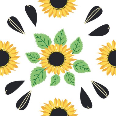 Ayçiçeği, yeşil yapraklar ve siyah tohumlarla kusursuz desen..