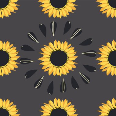 Ayçiçeği, yeşil yapraklar ve siyah tohumlarla kusursuz desen..