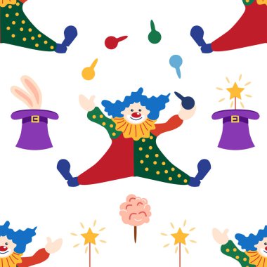 CRCUS temalı kusursuz desen. Palyaçolar, kaslı adamlar, aslanlar, sihirli şapkalar, şapkalı tavşanlar, tatil balonları çadırları. Sirk karakterleri. Çizgi film düz stili