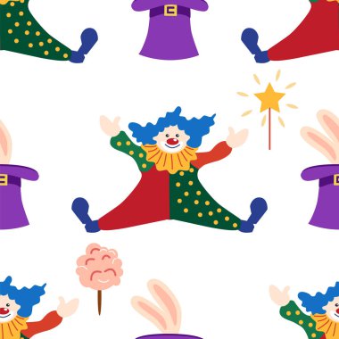 CRCUS temalı kusursuz desen. Palyaçolar, kaslı adamlar, aslanlar, sihirli şapkalar, şapkalı tavşanlar, tatil balonları çadırları. Sirk karakterleri. Çizgi film düz stili