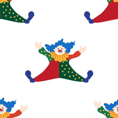 CRCUS temalı kusursuz desen. Palyaçolar, kaslı adamlar, aslanlar, sihirli şapkalar, şapkalı tavşanlar, tatil balonları çadırları. Sirk karakterleri. Çizgi film düz stili
