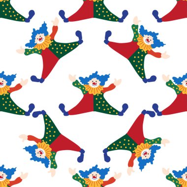 CRCUS temalı kusursuz desen. Palyaçolar, kaslı adamlar, aslanlar, sihirli şapkalar, şapkalı tavşanlar, tatil balonları çadırları. Sirk karakterleri. Çizgi film düz stili