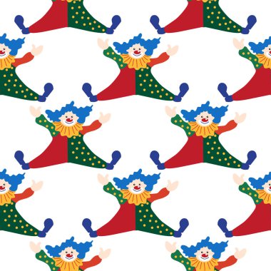 CRCUS temalı kusursuz desen. Palyaçolar, kaslı adamlar, aslanlar, sihirli şapkalar, şapkalı tavşanlar, tatil balonları çadırları. Sirk karakterleri. Çizgi film düz stili