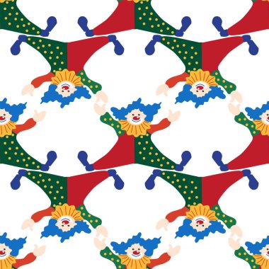 CRCUS temalı kusursuz desen. Palyaçolar, kaslı adamlar, aslanlar, sihirli şapkalar, şapkalı tavşanlar, tatil balonları çadırları. Sirk karakterleri. Çizgi film düz stili