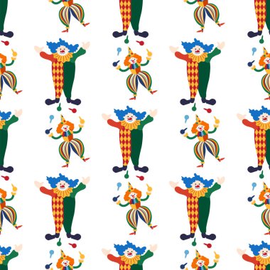 CRCUS temalı kusursuz desen. Palyaçolar, kaslı adamlar, aslanlar, sihirli şapkalar, şapkalı tavşanlar, tatil balonları çadırları. Sirk karakterleri. Çizgi film düz stili