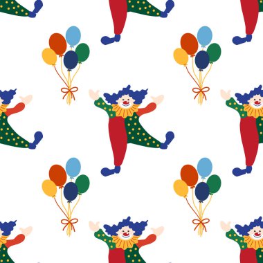 CRCUS temalı kusursuz desen. Palyaçolar, kaslı adamlar, aslanlar, sihirli şapkalar, şapkalı tavşanlar, tatil balonları çadırları. Sirk karakterleri. Çizgi film düz stili