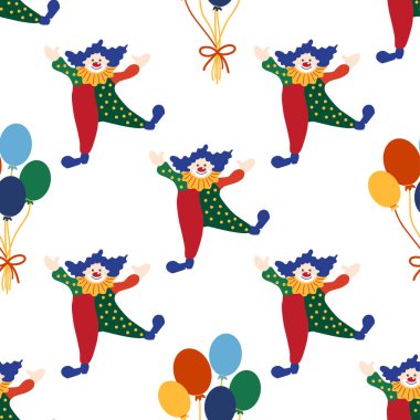 CRCUS temalı kusursuz desen. Palyaçolar, kaslı adamlar, aslanlar, sihirli şapkalar, şapkalı tavşanlar, tatil balonları çadırları. Sirk karakterleri. Çizgi film düz stili