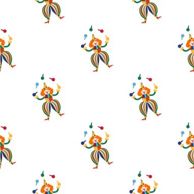 CRCUS temalı kusursuz desen. Palyaçolar, kaslı adamlar, aslanlar, sihirli şapkalar, şapkalı tavşanlar, tatil balonları çadırları. Sirk karakterleri. Çizgi film düz stili