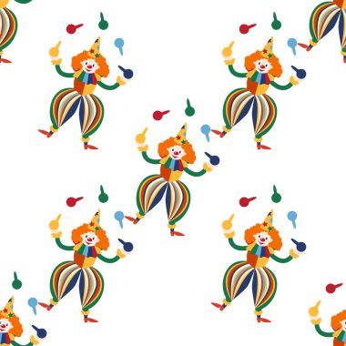 CRCUS temalı kusursuz desen. Palyaçolar, kaslı adamlar, aslanlar, sihirli şapkalar, şapkalı tavşanlar, tatil balonları çadırları. Sirk karakterleri. Çizgi film düz stili