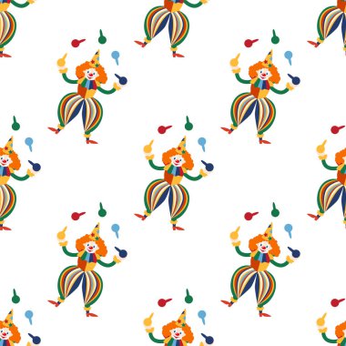 CRCUS temalı kusursuz desen. Palyaçolar, kaslı adamlar, aslanlar, sihirli şapkalar, şapkalı tavşanlar, tatil balonları çadırları. Sirk karakterleri. Çizgi film düz stili