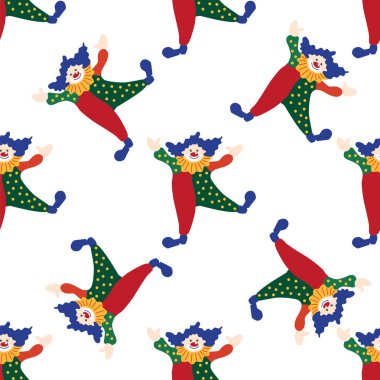 CRCUS temalı kusursuz desen. Palyaçolar, kaslı adamlar, aslanlar, sihirli şapkalar, şapkalı tavşanlar, tatil balonları çadırları. Sirk karakterleri. Çizgi film düz stili