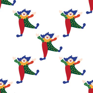 CRCUS temalı kusursuz desen. Palyaçolar, kaslı adamlar, aslanlar, sihirli şapkalar, şapkalı tavşanlar, tatil balonları çadırları. Sirk karakterleri. Çizgi film düz stili